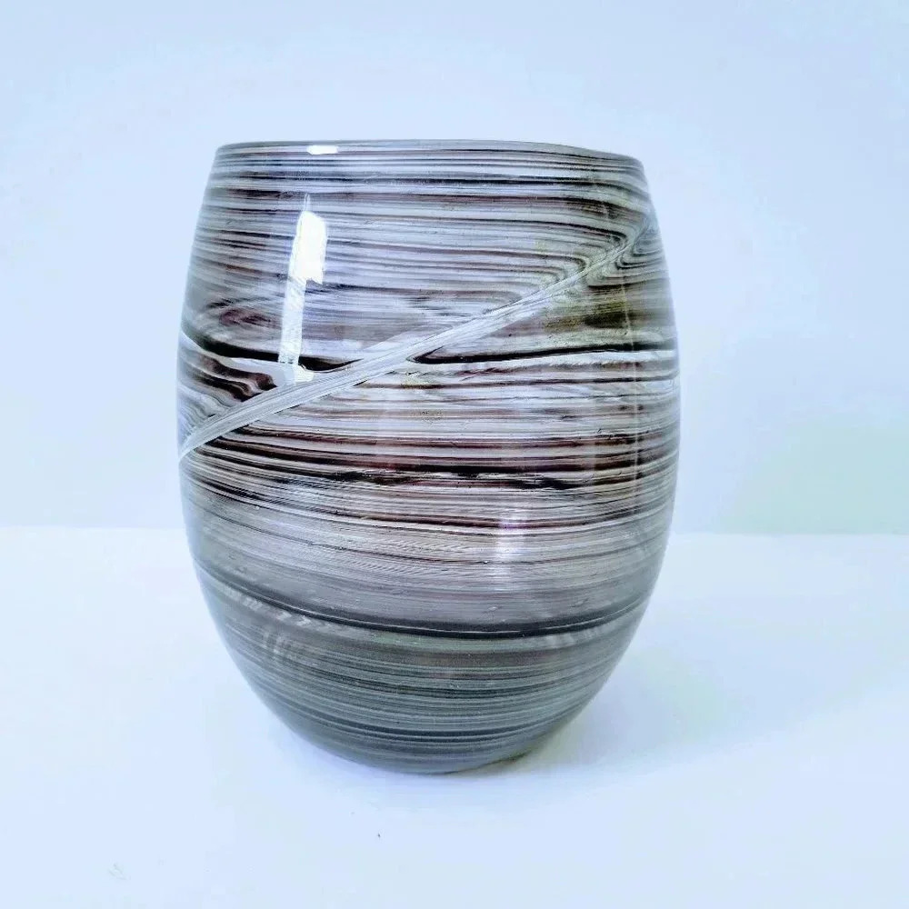 Hand Blown Art Glass Vase 8 1/2" x 6" Swirl Signed Tina Fischer Vintage '72